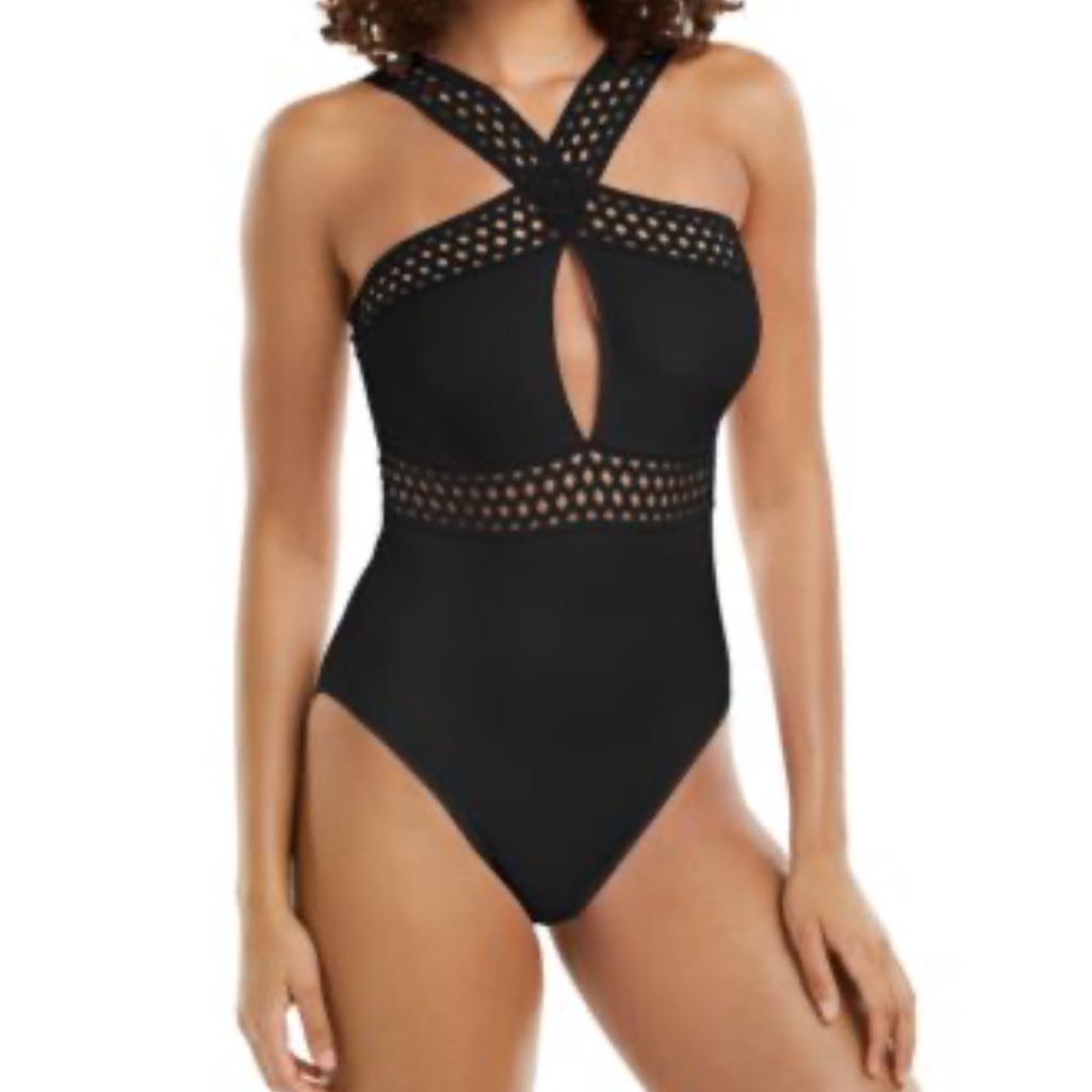 Kenneth Cole Mesh Trim Halter Neck One-Piece Swimsuit - 1x Black Nwt